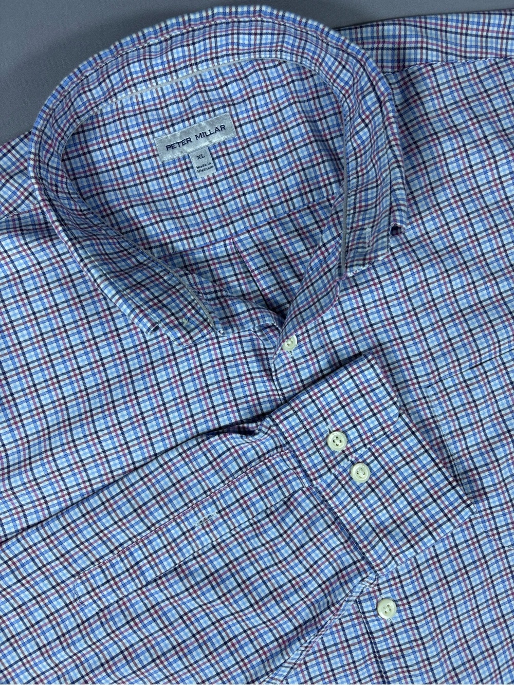 Peter Millar Sport Shirt Men XL Blue Red Plaid Stretch Button Down